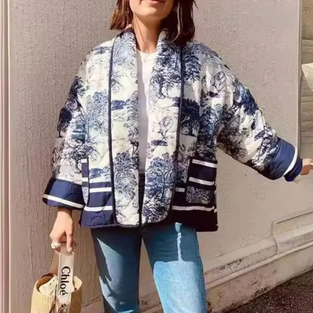 Flower Printed Jacket Casual Long Sleeve Cardigan Coat Autumn Winter Female Fash - Picture 2 of 5